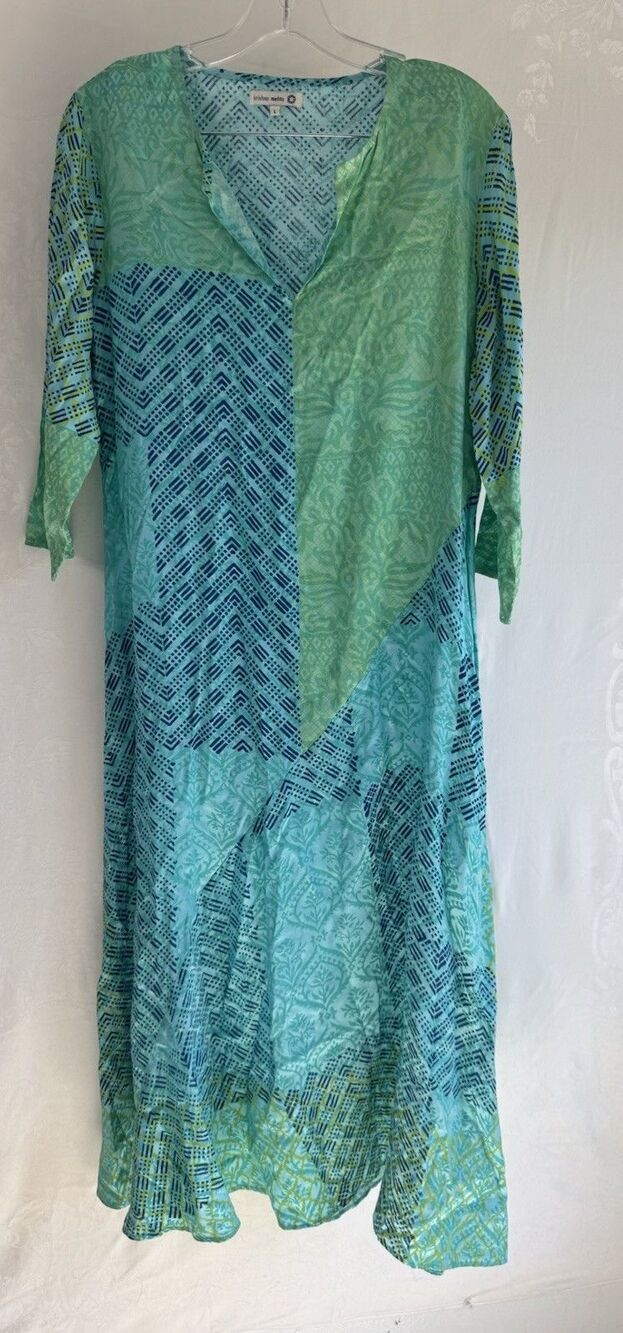 Krishna Mehta Long Maxi Dress Geometric Pattern Blue Green V Open Neck Large